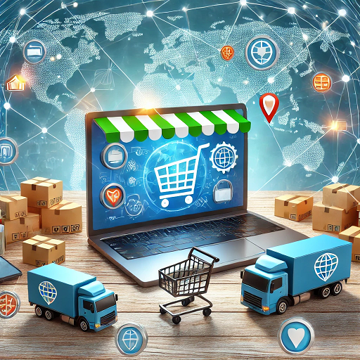 laptop showing shopping cart with small delivery trucks and packages