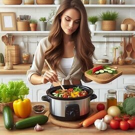 Woman preparing slow cooker meal