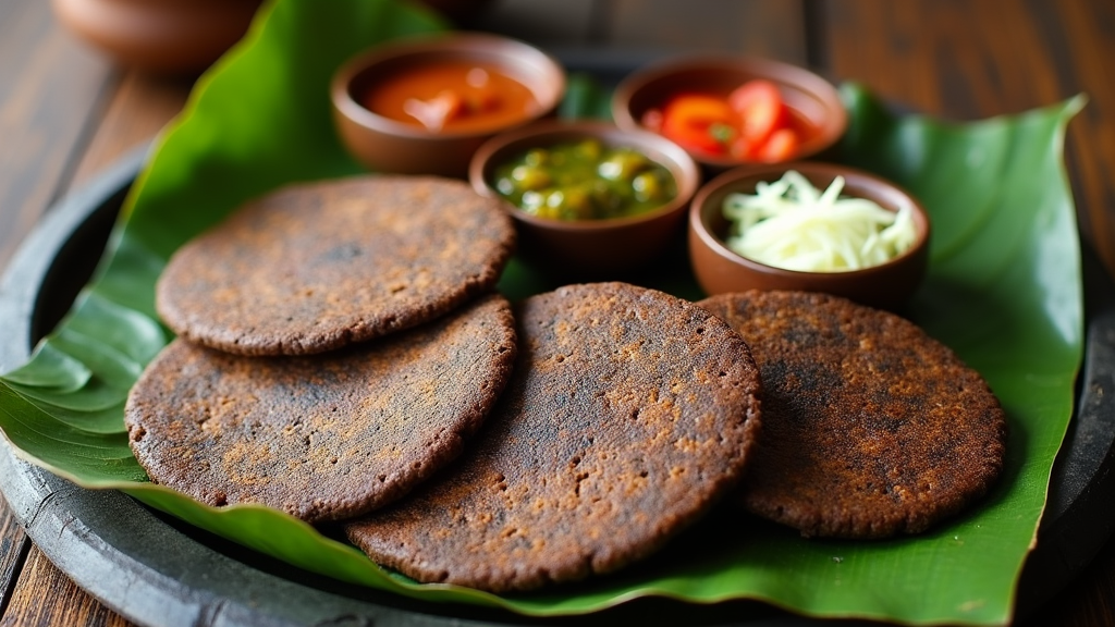 Ragi roti with vegetables and chutneys in a rustic South Indian kitchen setting