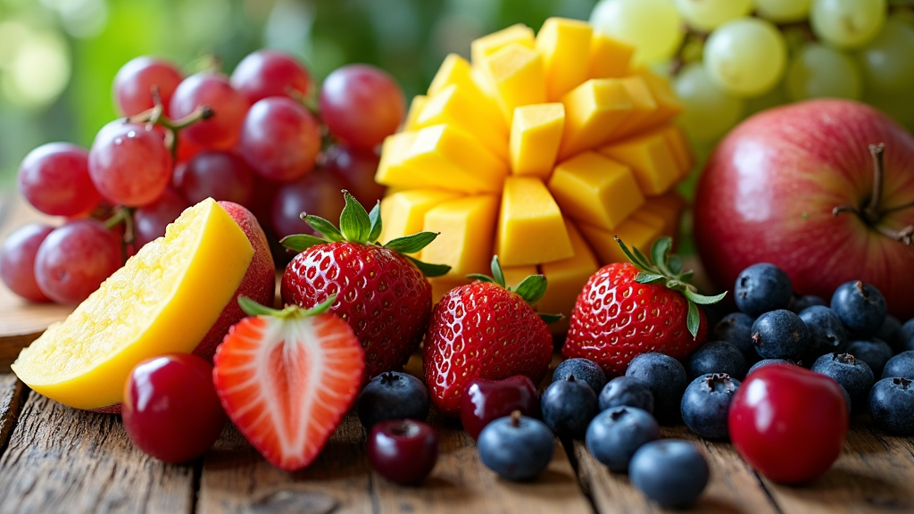 a colorful selection of fresh fruit including grapes strawberries mango and blueberries arranged on a rustic wooden table