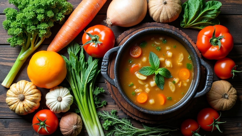 A colorful display of fresh seasonal vegetables arranged alongside a steaming bowl of homemade soup, highlighting vibrant greens, carrots, squash, and herbs.