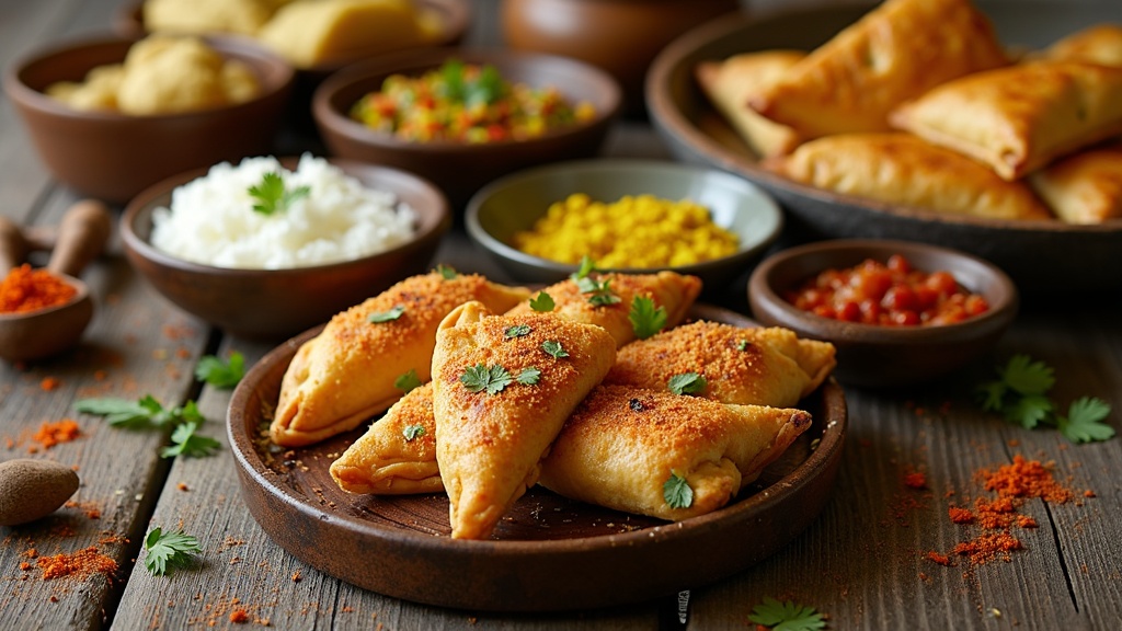 A colorful spread of Indian dishes including baked samosas, grilled paneer tikka, and steamed dhokla on a rustic wooden table with scattered spices and herbs.