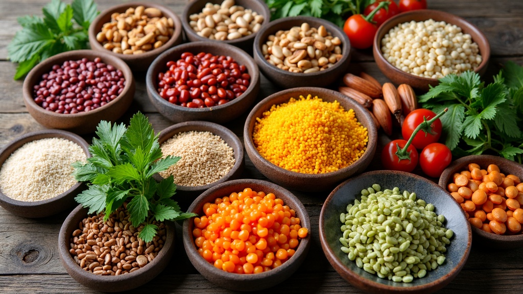 A vibrant assortment of plant-based protein sources, including beans, lentils, tofu, nuts, seeds, and colorful vegetables, arranged in bowls on a rustic wooden table.